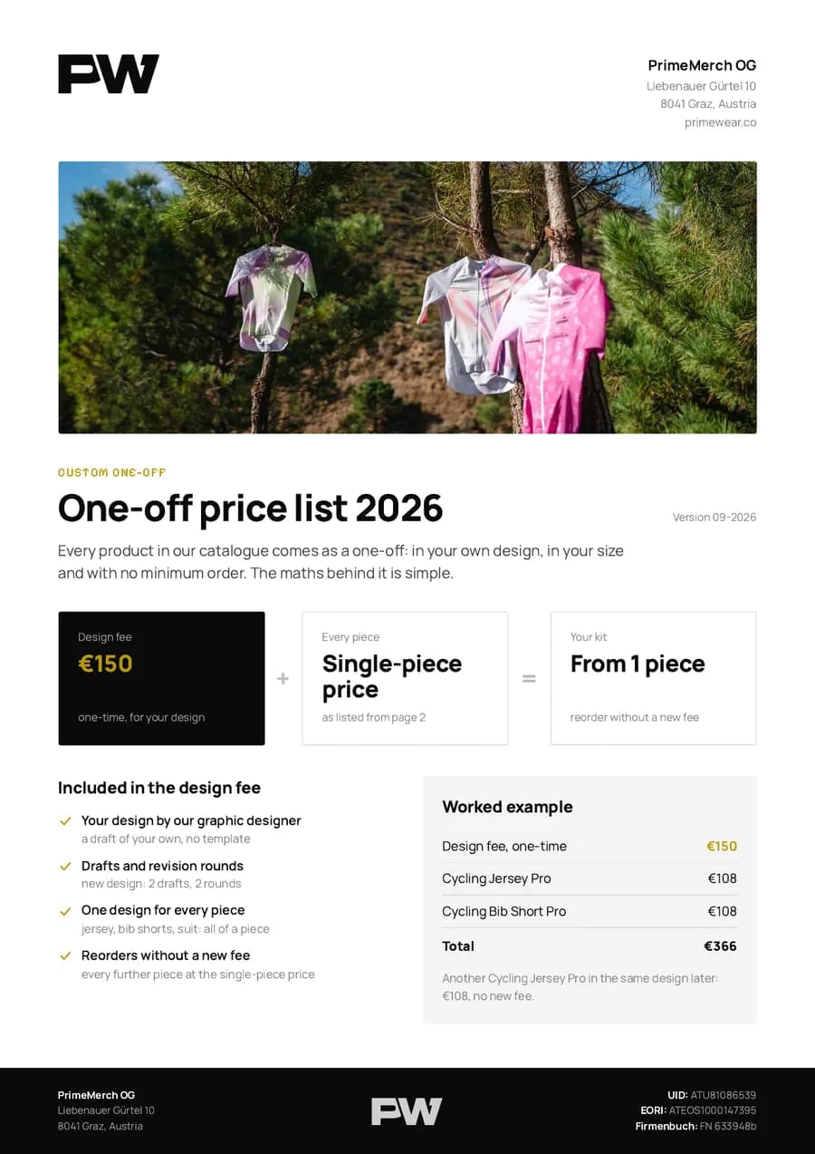First page of the one-off price list