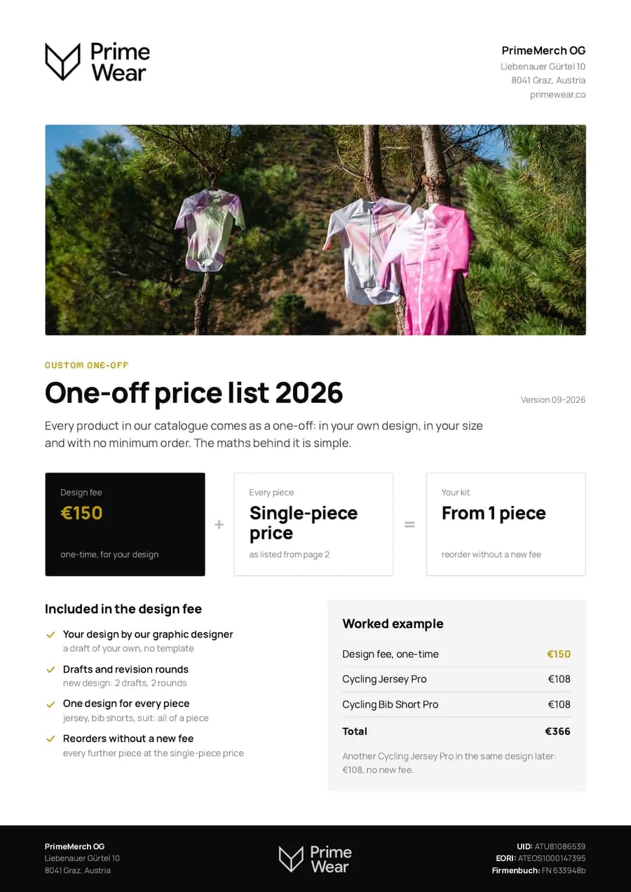 First page of the one-off price list