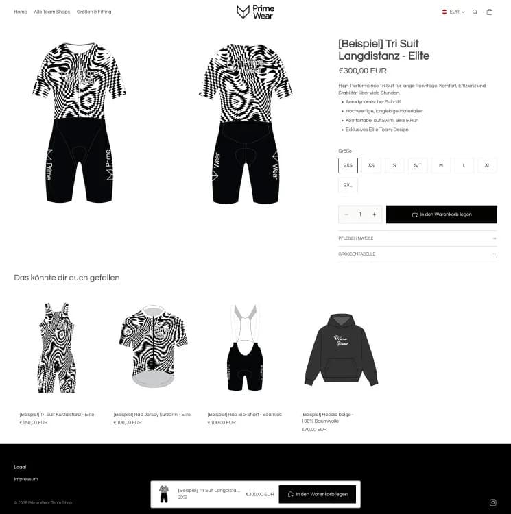 Produktseite im Beispiel-Shop: Tri Suit von vorne und hinten, Größenwahl und Warenkorb