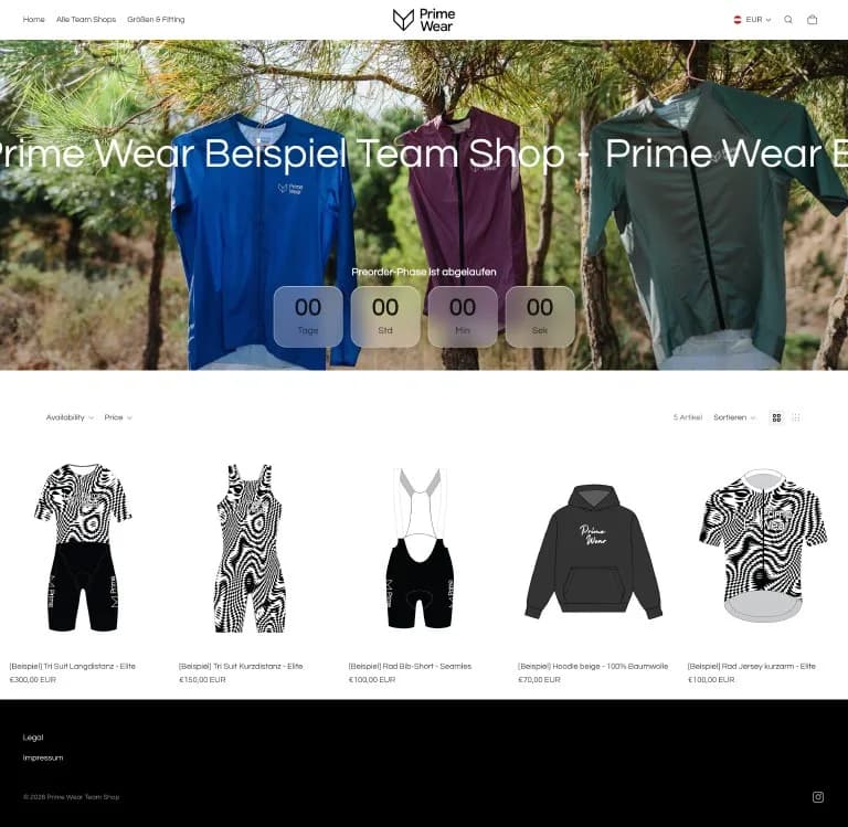 Startseite des Prime Wear Beispiel-Shops mit Banner, Countdown und fünf Produkten